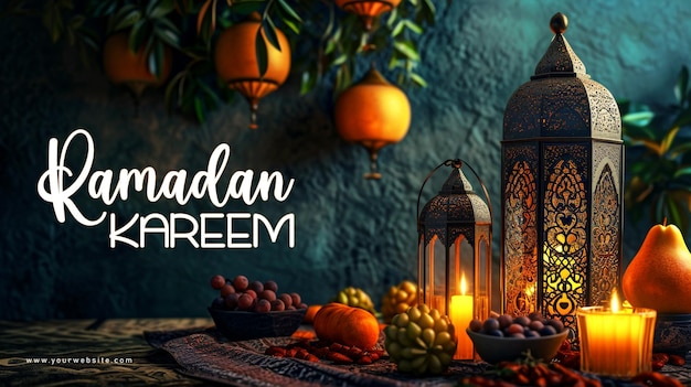 Disegno di sfondo Ramadan Kareem con decorazione islamica e frutta