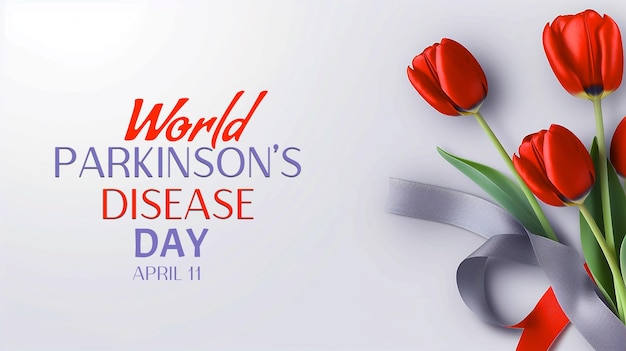 Disegno di striscione per la Giornata Mondiale della Malattia di Parkinson con nastro grigio fotorealistico e germoglio di tulipano rosso