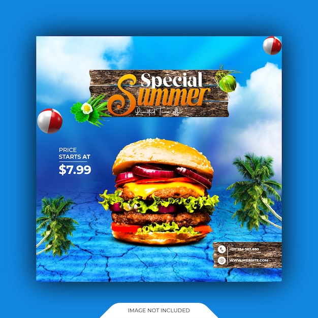 Disegno di vendita di hamburger estivo con foglie di spiaggia su sfondo blu