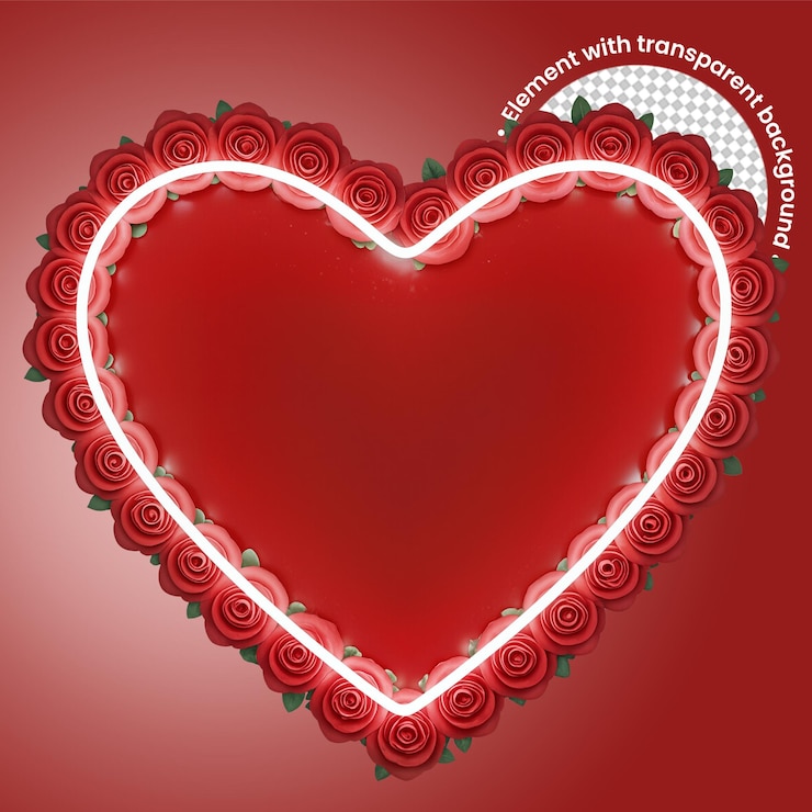 PSD disegno floreale a forma di cuore con bordo al neon luminoso e rose per il giorno di san valentino