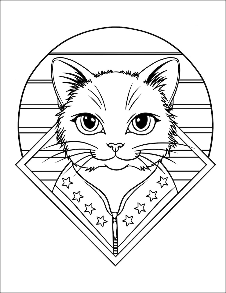 PSD disegno grafico per colorare ritratto di un gatto nello stile degli anni '80 in una giacca con stelle