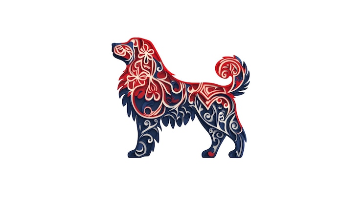 PSD disegno ornato di silhouette di cane floreale rosso blu e bianco