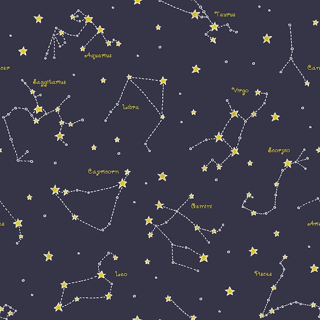 Disegno senza cuciture di costellazioni di segni zodiacali bambini disegnati a mano con pastelli giallo-bianchi