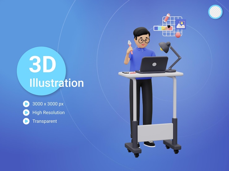 PSD diseñador gráfico 3d que trabaja en proyecto