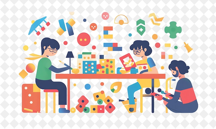 PSD diseñador de juegos caprichosos con personajes diseñando y creando personas png en la ilustración de trabajo diario