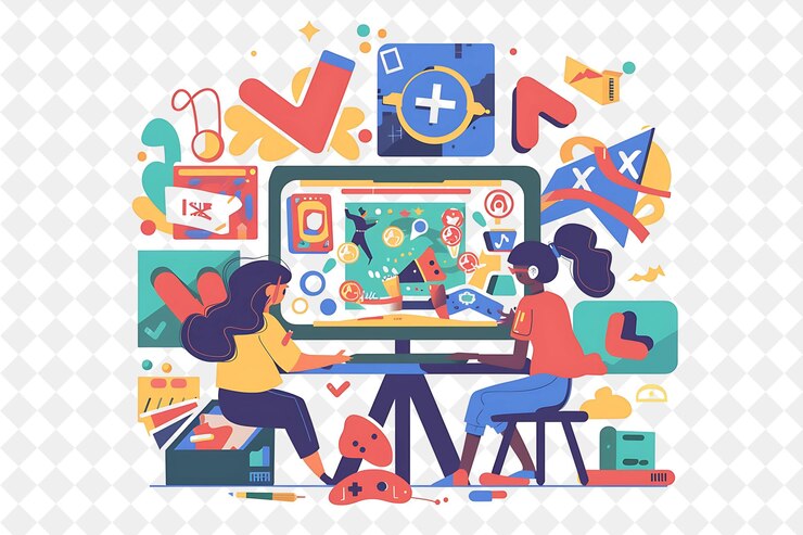 PSD diseñador de juegos caprichosos con personajes diseñando y creando personas png en la ilustración de trabajo diario