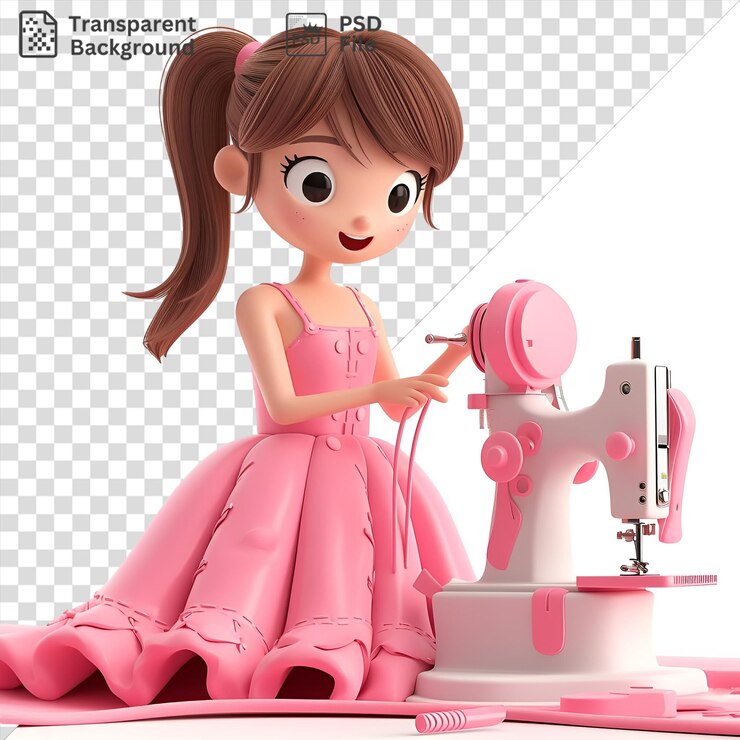 PSD diseñador de moda aislado 3d dibujos animados artesanía alta costura vestidos muñeca con cabello marrón y ojos negros sosteniendo una muñeca rosa y un juguete rosa y blanco con una mano visible en la parte delantera