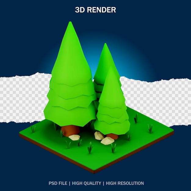Diseño 3D de pinos y piedras de baja poli en un pequeño jardín sobre un fondo transparente