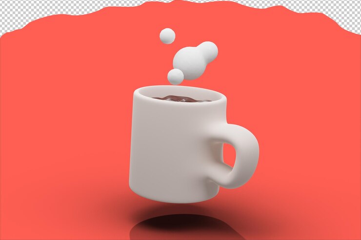 Diseño 3d de vidrio caliente con rotación inclinada hacia la derecha y se puede ver un poco de café