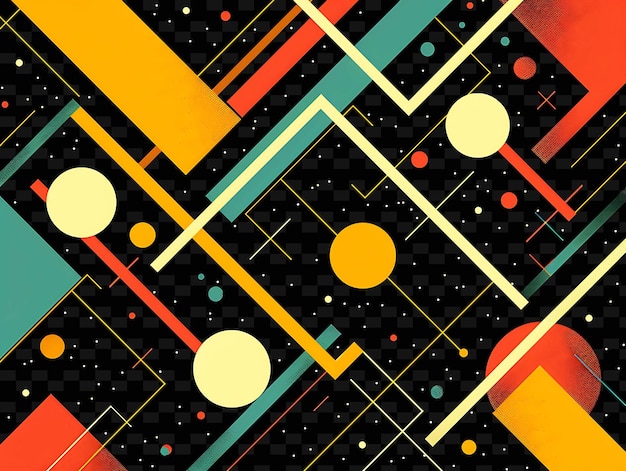 un diseño abstracto colorido con un fondo amarillo y un círculo blanco y negro