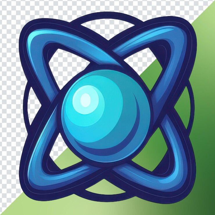 PSD diseño abstracto creativo con un símbolo de átomo azul contra un fondo minimalista que representa la ciencia y la innovación