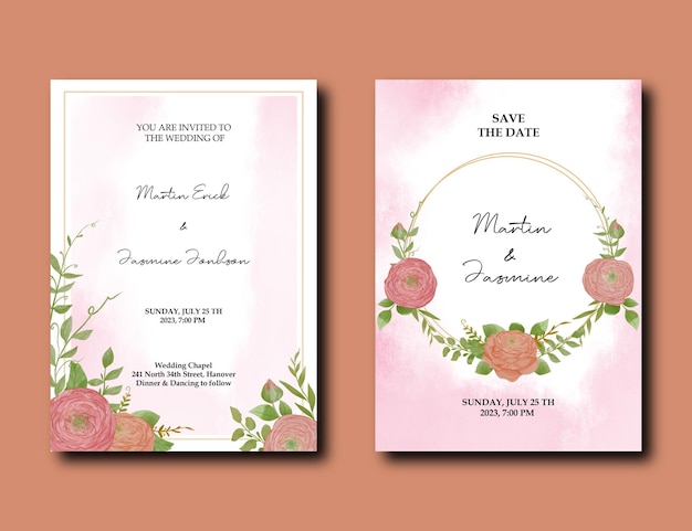 Diseño de acuarela de tarjeta de invitación con flores de peonías y hojas verdes