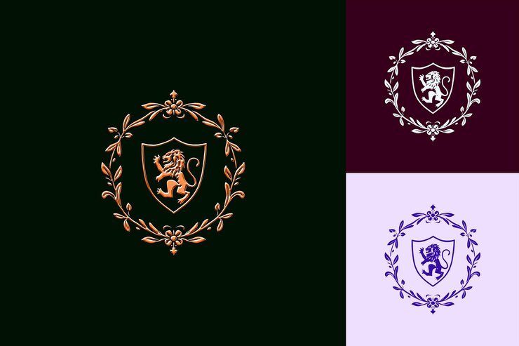 PSD diseño de arte medieval inspirado en el entrelazamiento de la vid frontera escudo central adornado con un león r