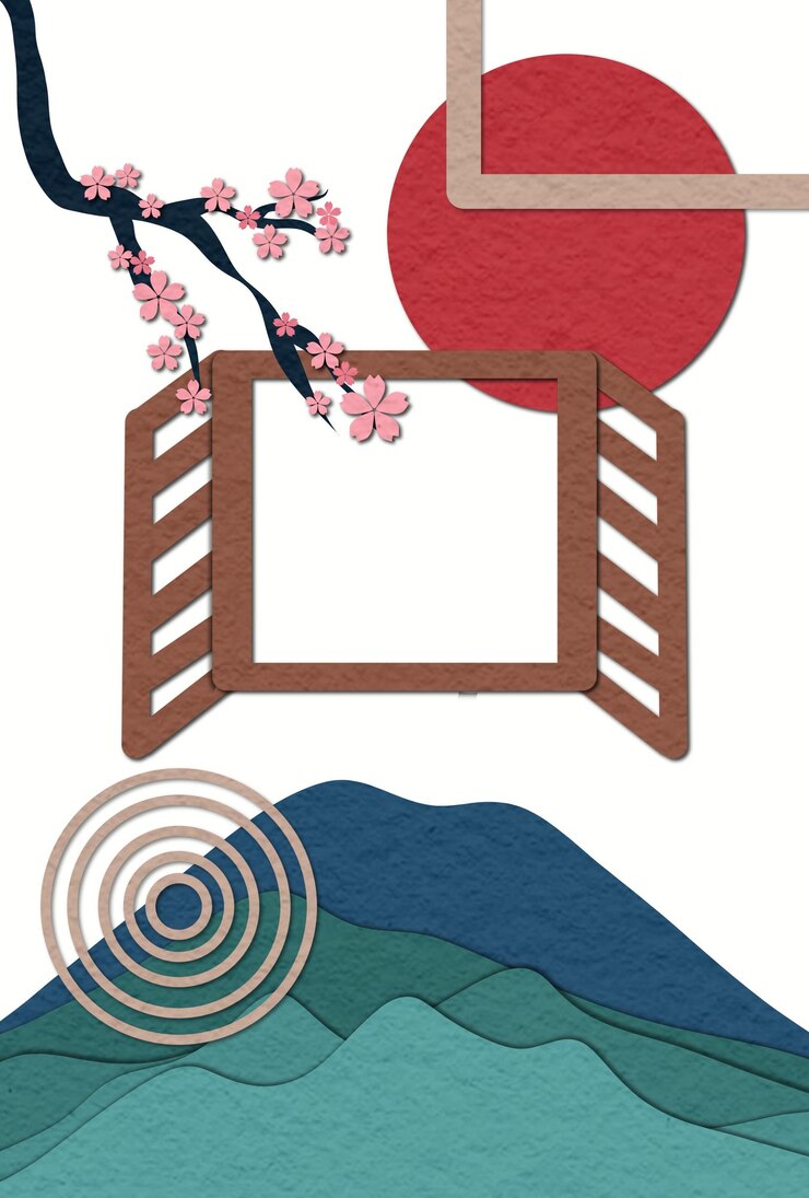 PSD diseño de arte de pared con elementos grométricos abstractos y paisajes de cerezas en flor y montañas