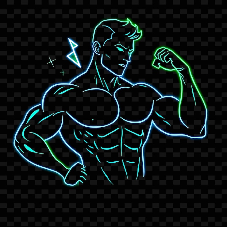 PSD diseño artístico de silueta de neón de hombre musculoso con tema de color azul eléctrico y verde decorado con w