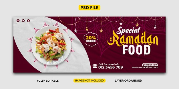 PSD diseño de banner de comida deliciosa de ramadán y plantilla de portada de facebook psd premium