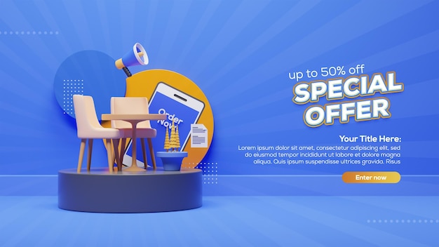 PSD diseño de banner de oferta especial con muebles de renderizado 3d