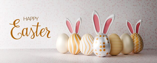 Diseño de banner de pascua feliz grupo de orejas de conejo 3d realistas y huevos de oro con texto de saludo