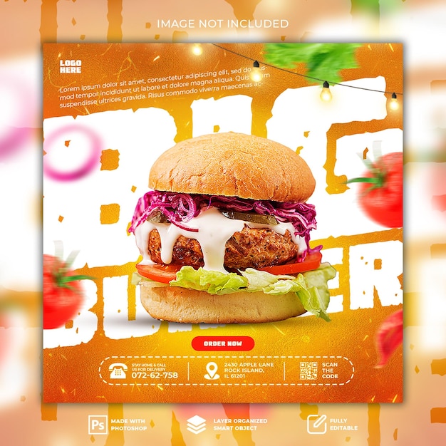 Diseño de banner de publicación de hamburguesa grande para redes sociales o plantilla psd premium de instagram