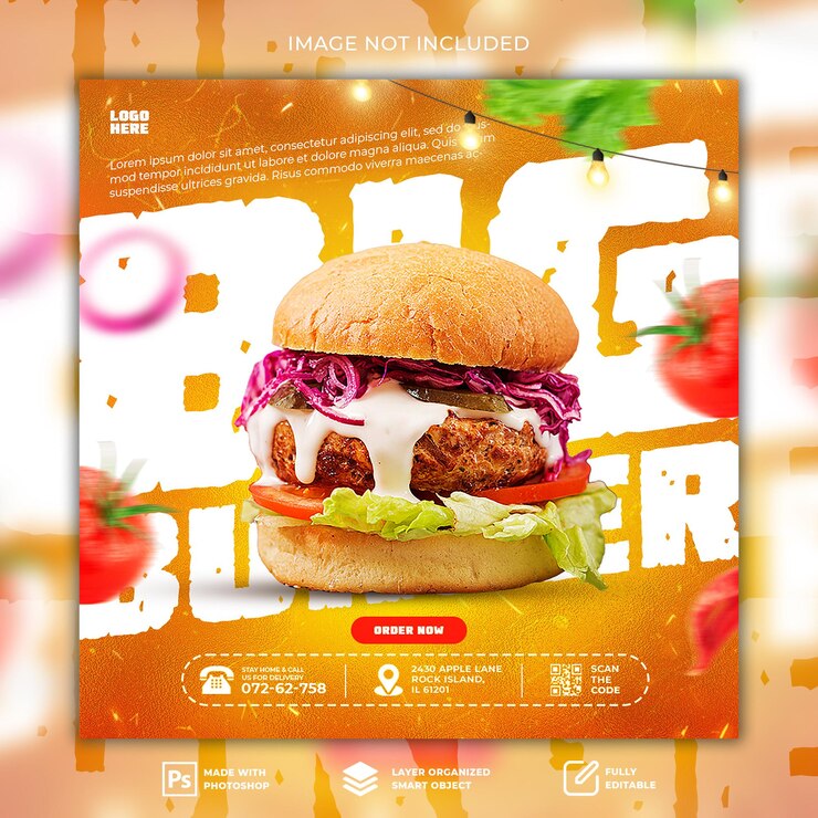 PSD diseño de banner de publicación de hamburguesa grande para redes sociales o plantilla psd premium de instagram