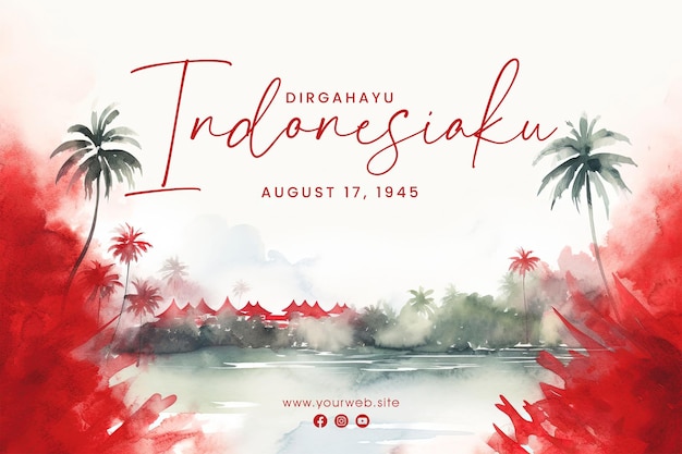 PSD diseño de banner y publicación en redes sociales del feliz día de la independencia de indonesia en estilo acuarela