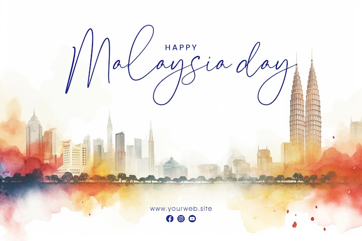 PSD diseño de banner y publicación en redes sociales del feliz día de malasia en estilo acuarela