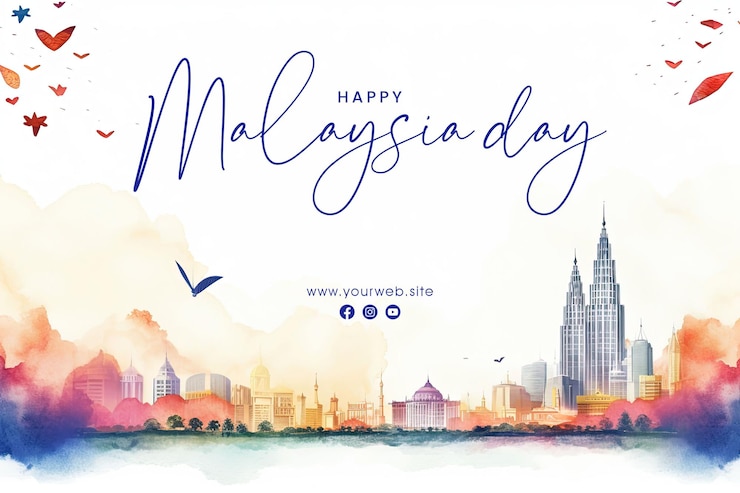 PSD diseño de banner y publicación en redes sociales del feliz día de malasia en estilo acuarela