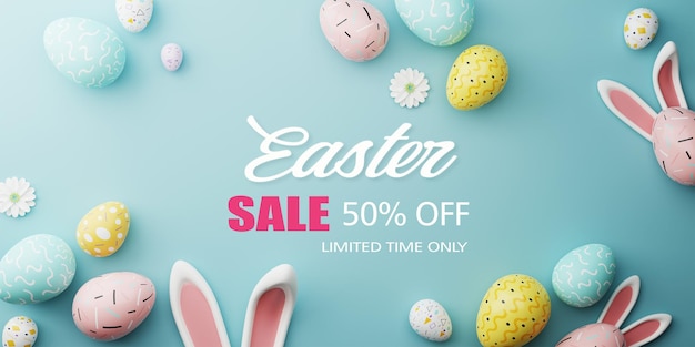 PSD diseño de banner de venta de pascua texto de venta de pascua hasta 50 de descuento en promoción con conejito y huevos realistas en 3d