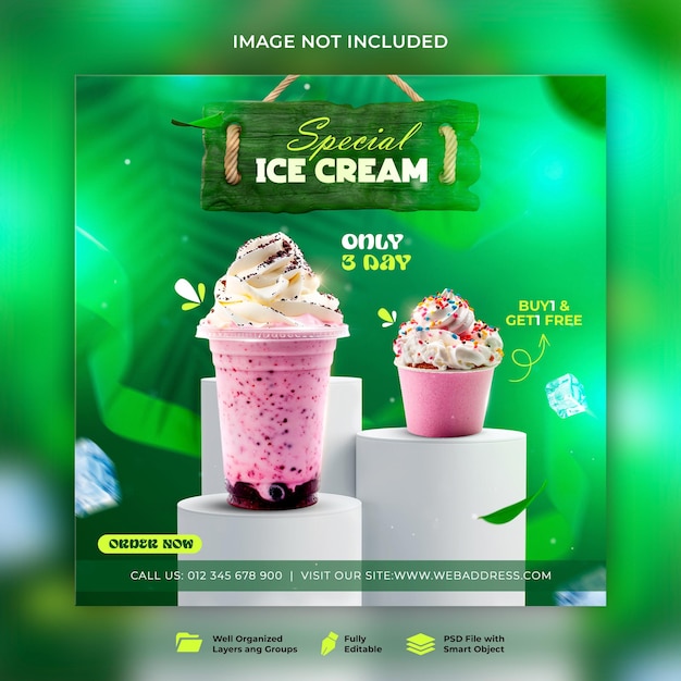 Diseño de banners especiales de helados deliciosos en las redes sociales de instagram