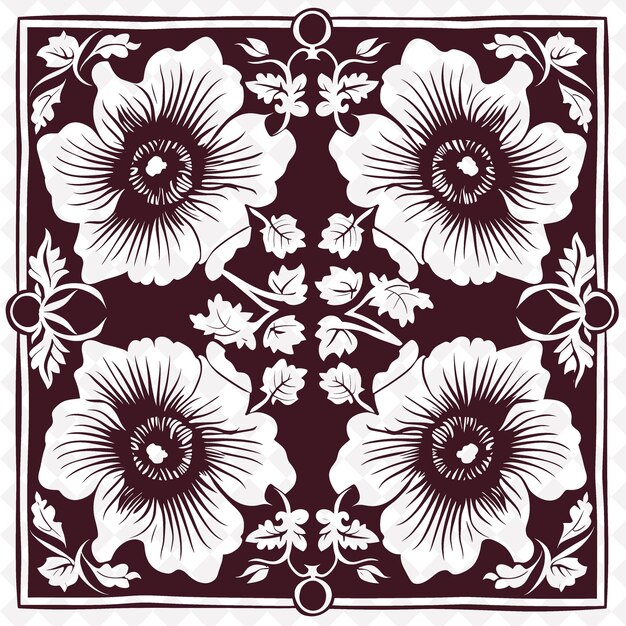 un diseño en blanco y negro con flores y hojas en él