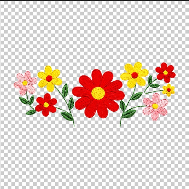 Un diseño de bordado floral con flores rojas, amarillas y rosas con hojas verdes