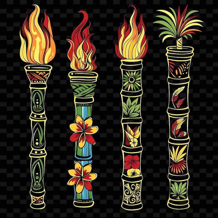 PSD diseño de bordes de bambú tropical con coloridas antorchas tiki ilustración colecciones abstractas