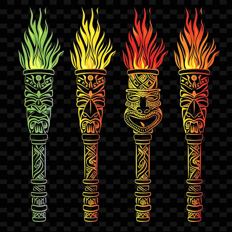 PSD diseño de bordes de bambú tropical con coloridas antorchas tiki ilustración colecciones abstractas