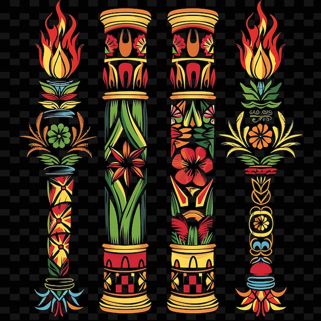 Diseño de bordes de bambú tropical con coloridas antorchas Tiki Ilustración Colecciones abstractas