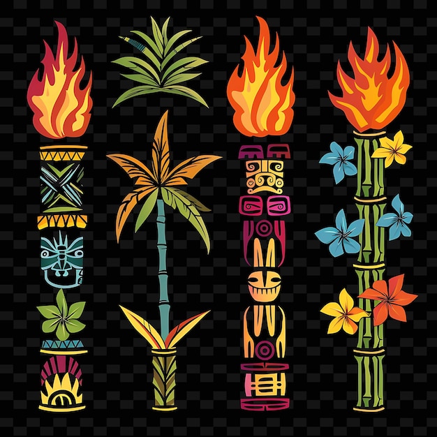 Diseño de bordes de bambú tropical con coloridas antorchas Tiki Ilustración Colecciones abstractas