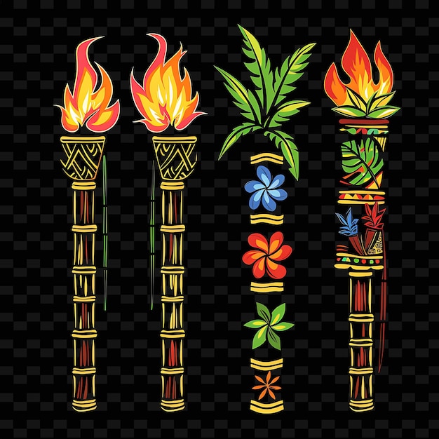 Diseño de bordes de bambú tropical con coloridas antorchas Tiki Ilustración Colecciones abstractas