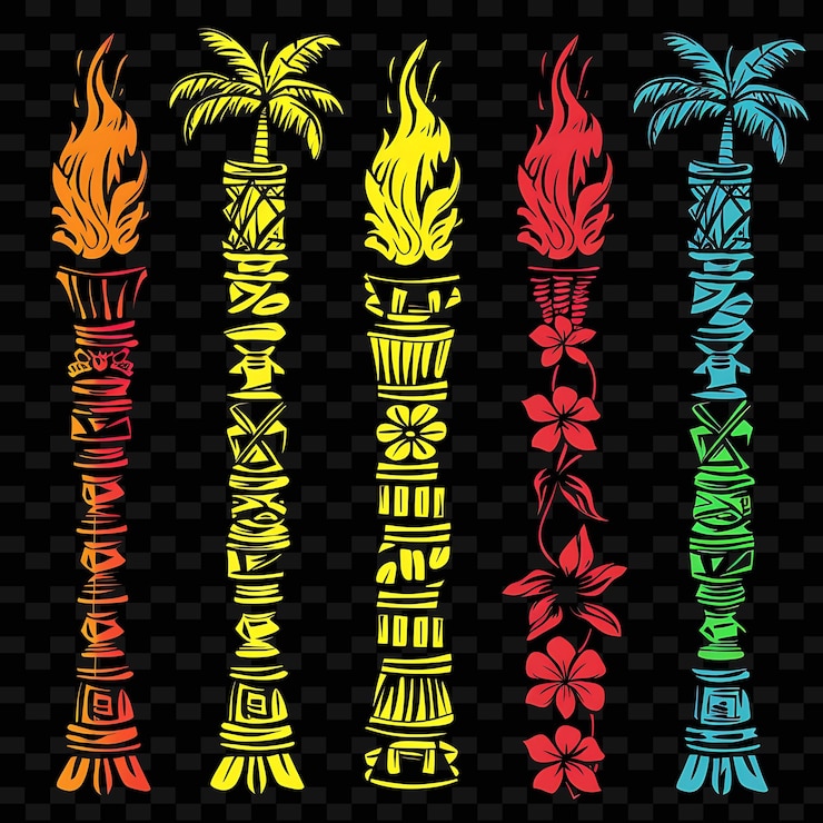 PSD diseño de bordes de bambú tropical con coloridas antorchas tiki ilustración colecciones abstractas