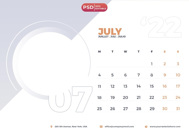 Diseño de calendario psd julio de 2023