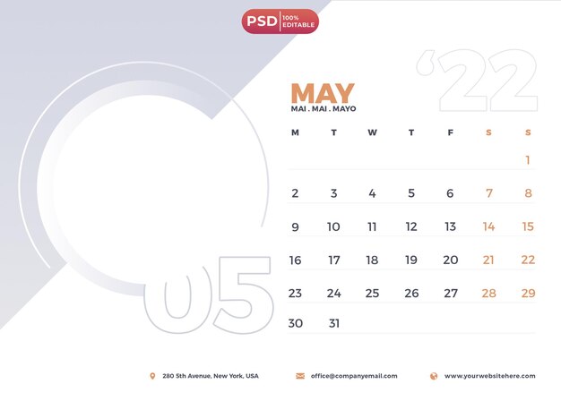 Diseño de calendario psd mayo 2023