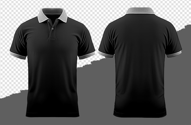 PSD diseño de camisa polo negra con cuello gris frente y atrás