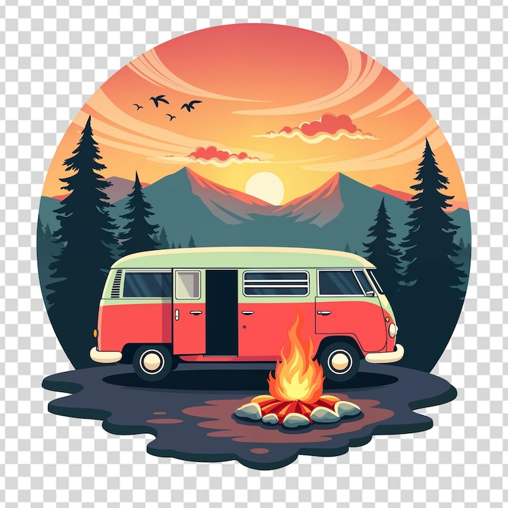 PSD el diseño de la camiseta de la escena del atardecer de la furgoneta de campamento