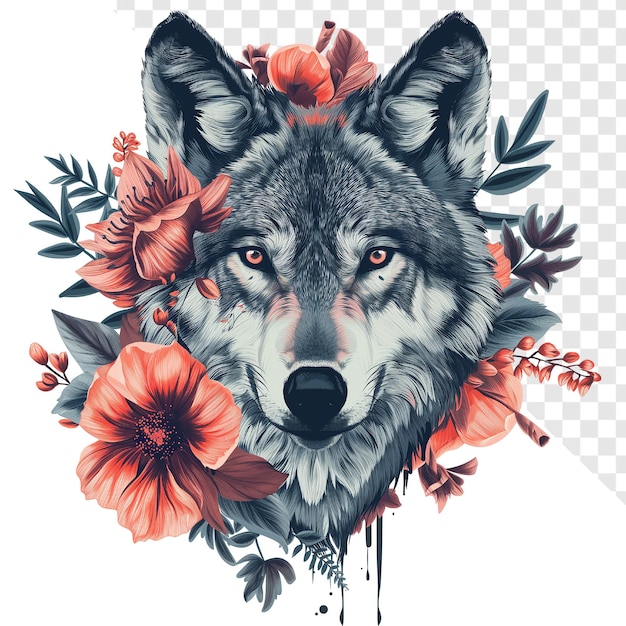 PSD diseño de camiseta con estampado de flor de cabeza de lobo