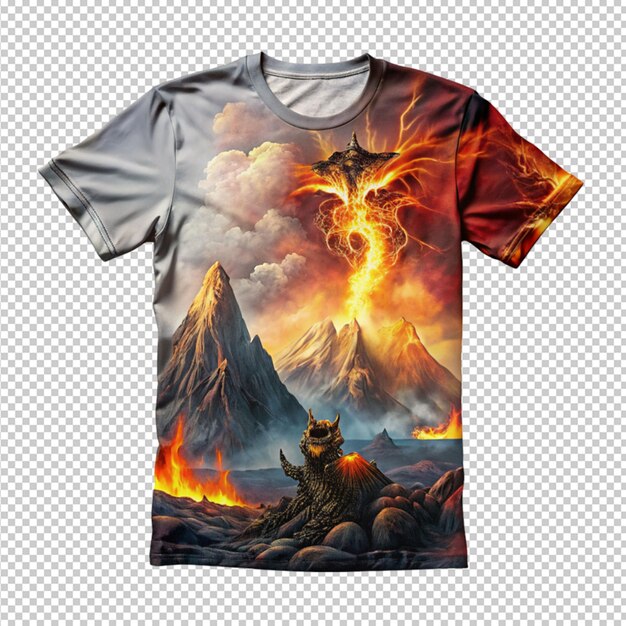 PSD diseño de camiseta volcán de fuego y dragón aterrador en fondo transparente