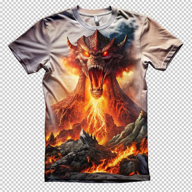 PSD diseño de camiseta volcán de fuego y dragón aterrador en fondo transparente