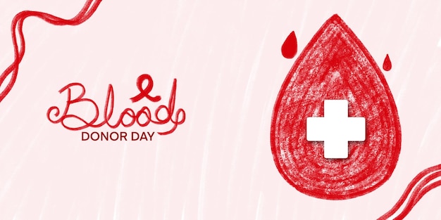 PSD diseño de cartel del día mundial del donante de sangre con gota de sangre y un signo más cinta