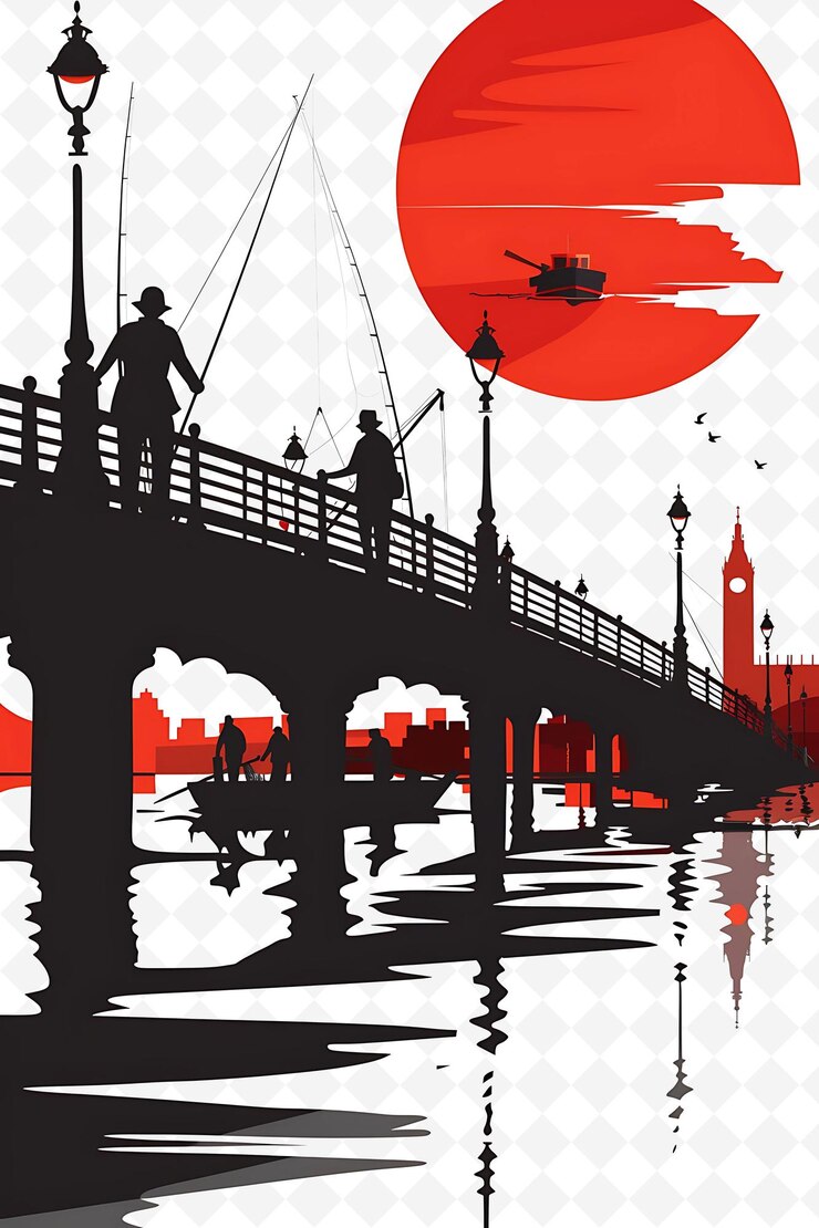 PSD el diseño del cartel de ilustración de un piso para las elecciones con un puente y pescadores a la orilla del río