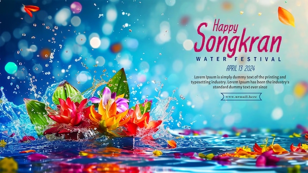 PSD diseño de cartel de songkran con flores tailandesas y salpicaduras de agua