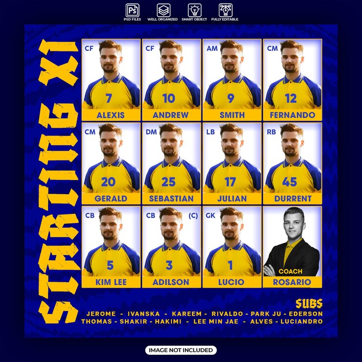 PSD diseño de carteles del equipo de fútbol que comienza el once