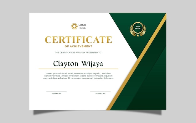 diseño de certificado simple moderno a4 certificado de lujo color verde dorado 11
