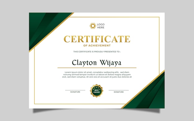 diseño de certificado simple moderno a4 certificado de lujo color verde dorado 3
